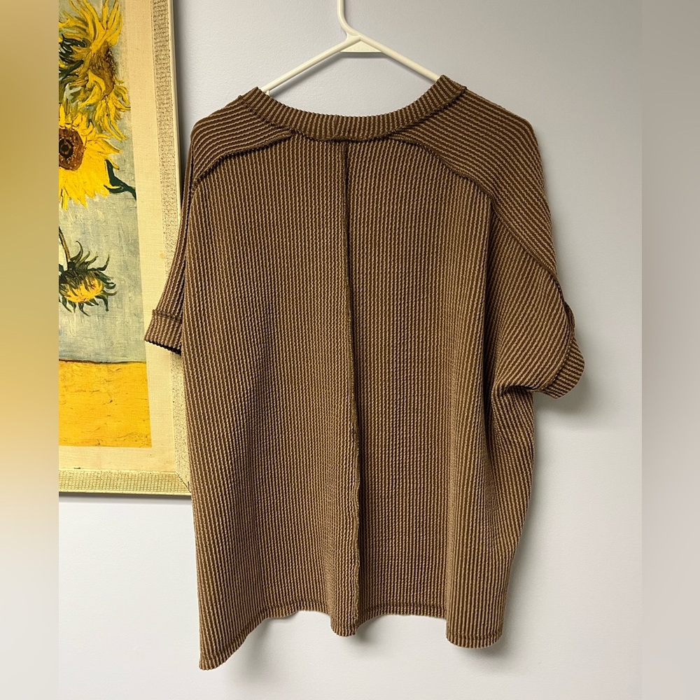 Zenana Brown Ribbed Short Sleeve Shirt - Picture 3 of 3